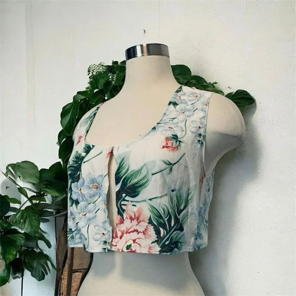 Handmade Open Front Tropical Floral Top Blouse Crop Small Sleeveless